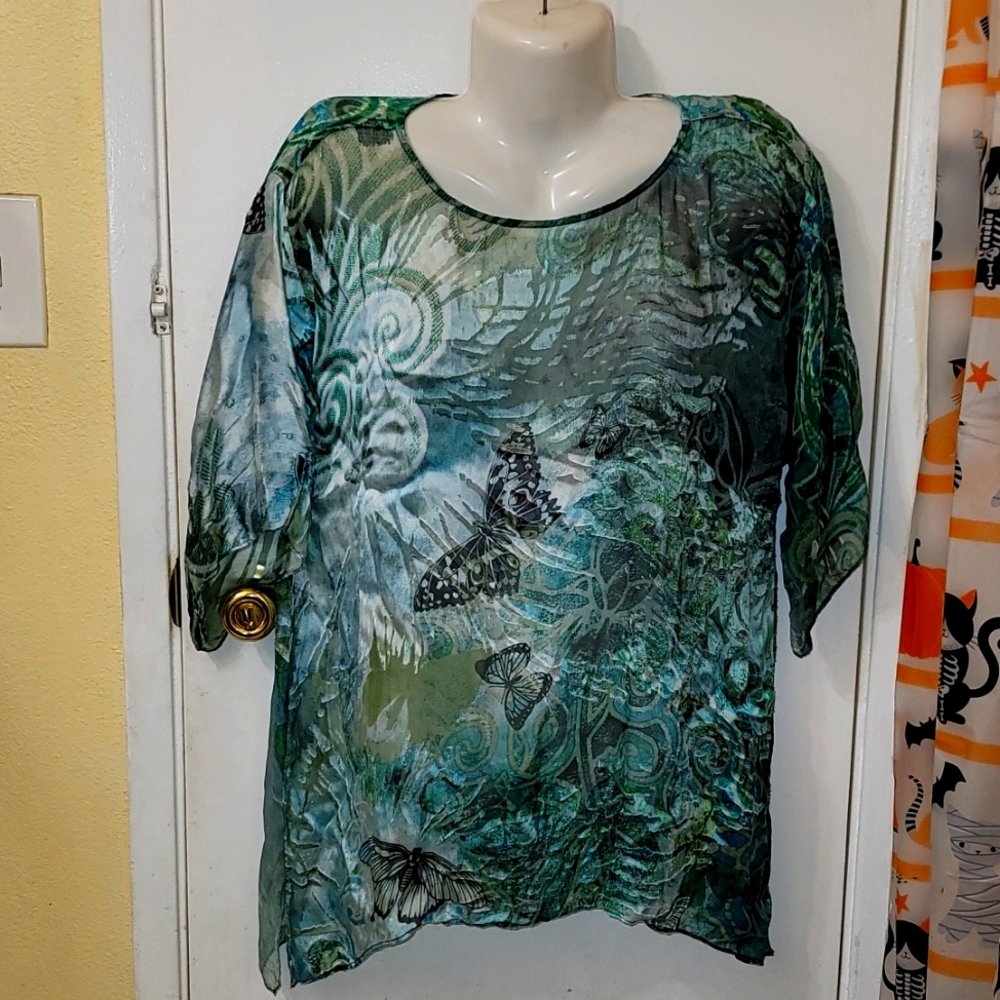 Citron blouse tunic top oversized green butterfly all over print silk velv blend
